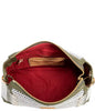 Open handbag showing interior with red lining and gold zipper