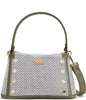 Handbag with a checkered pattern and green accents on a white background
