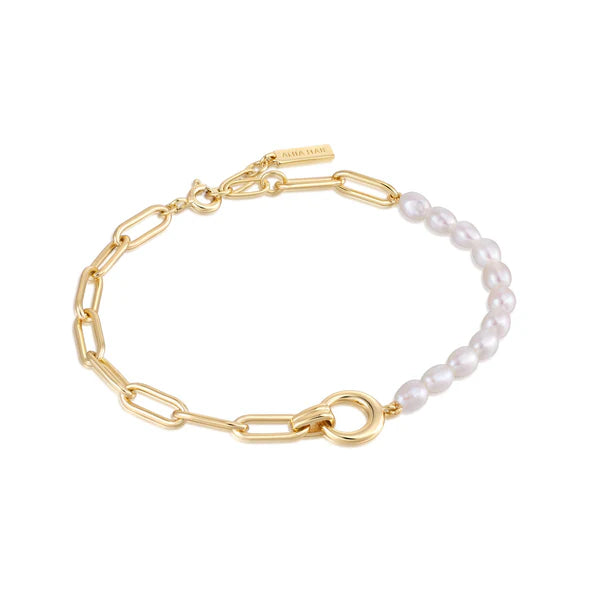 Pearl Chunky Link Chain Bracelet in Gold