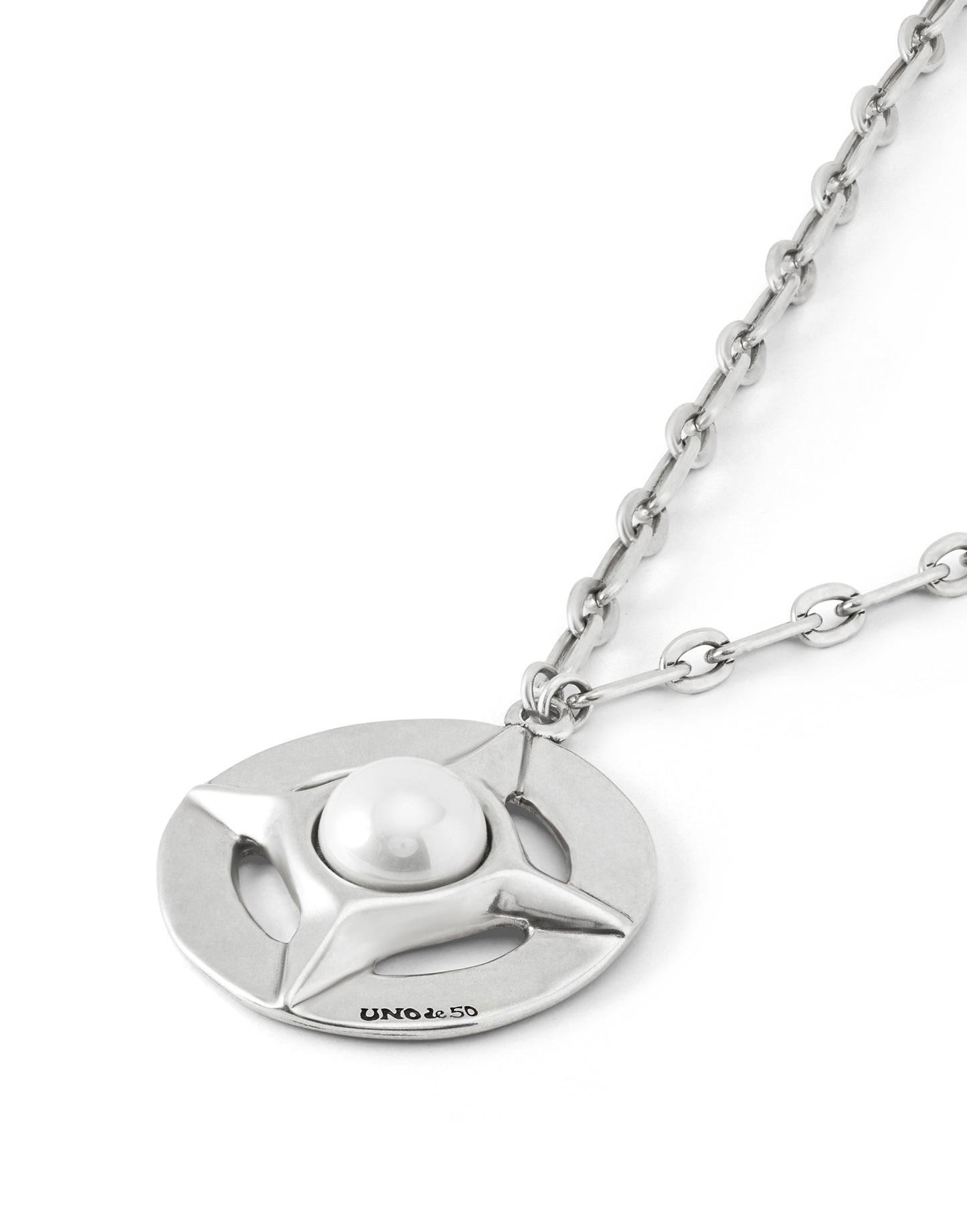 Long Compass Style Necklace in Silver/Pearl