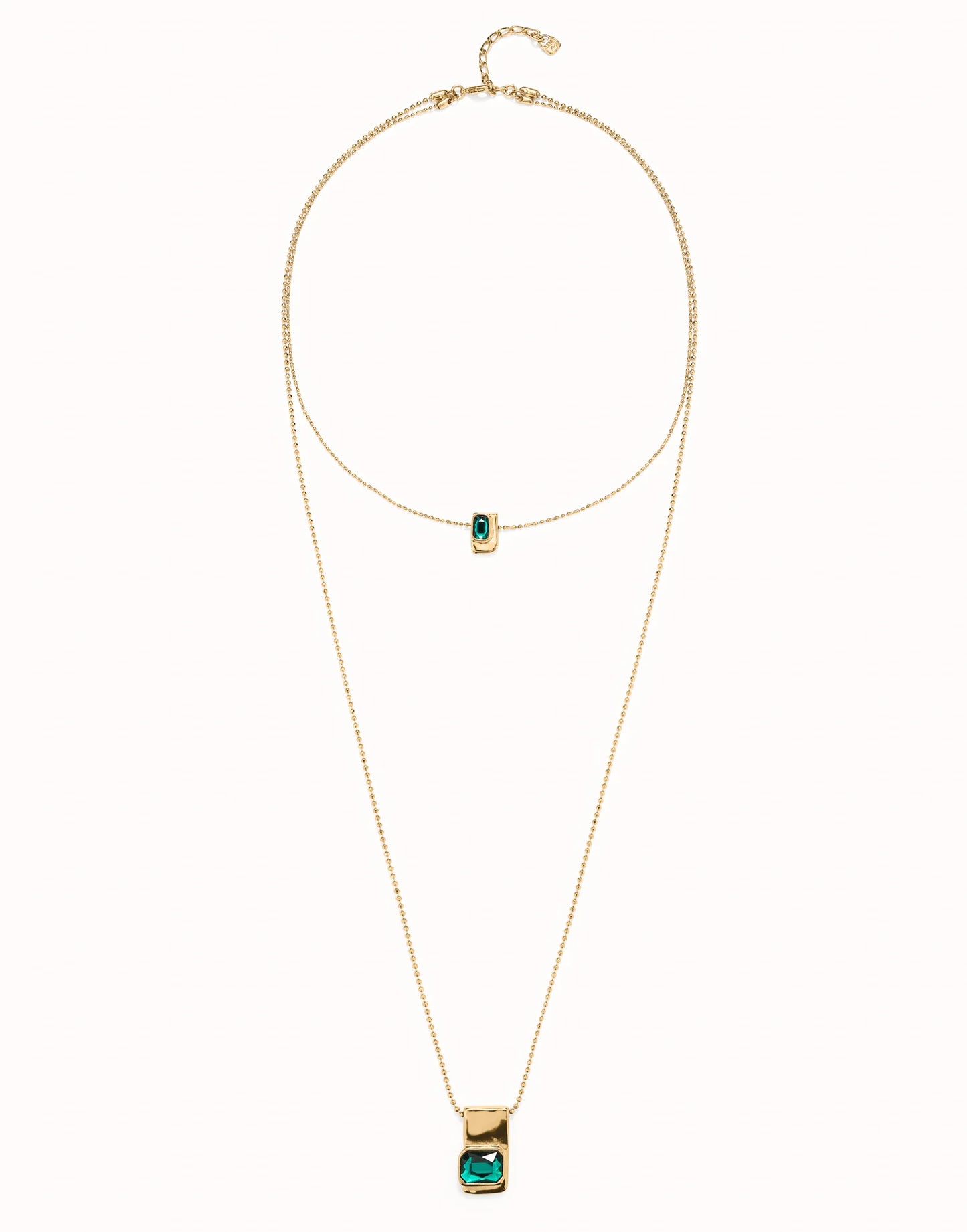 Long Double Necklace in Gold with Green Stones