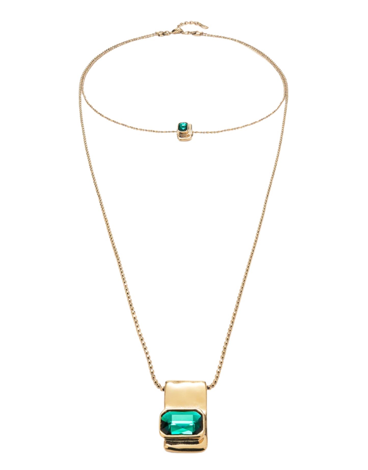 Long Double Necklace in Gold with Green Stones