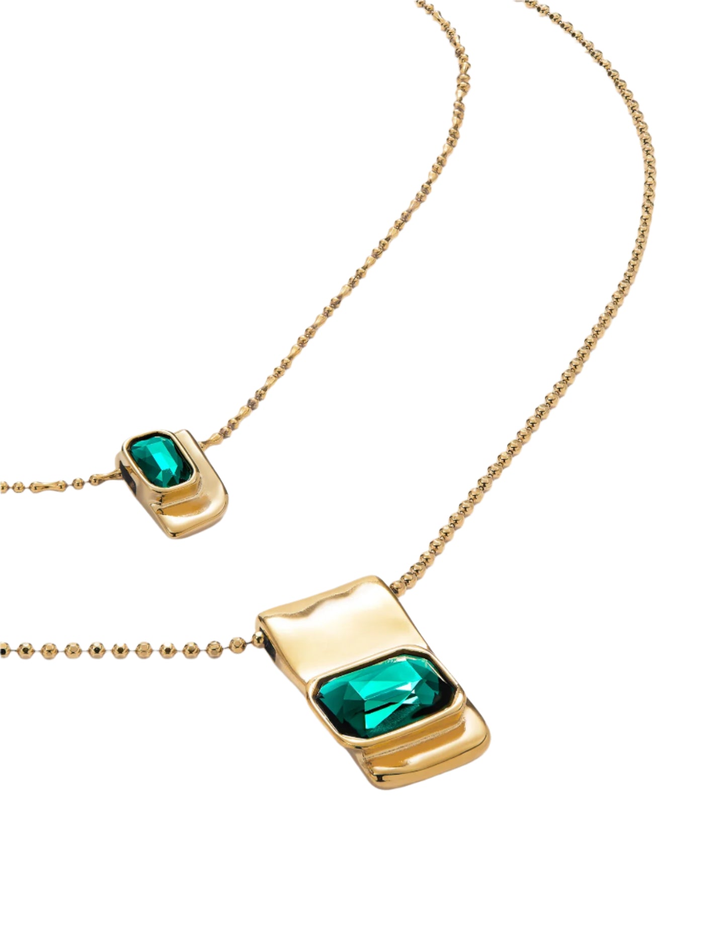 Long Double Necklace in Gold with Green Stones
