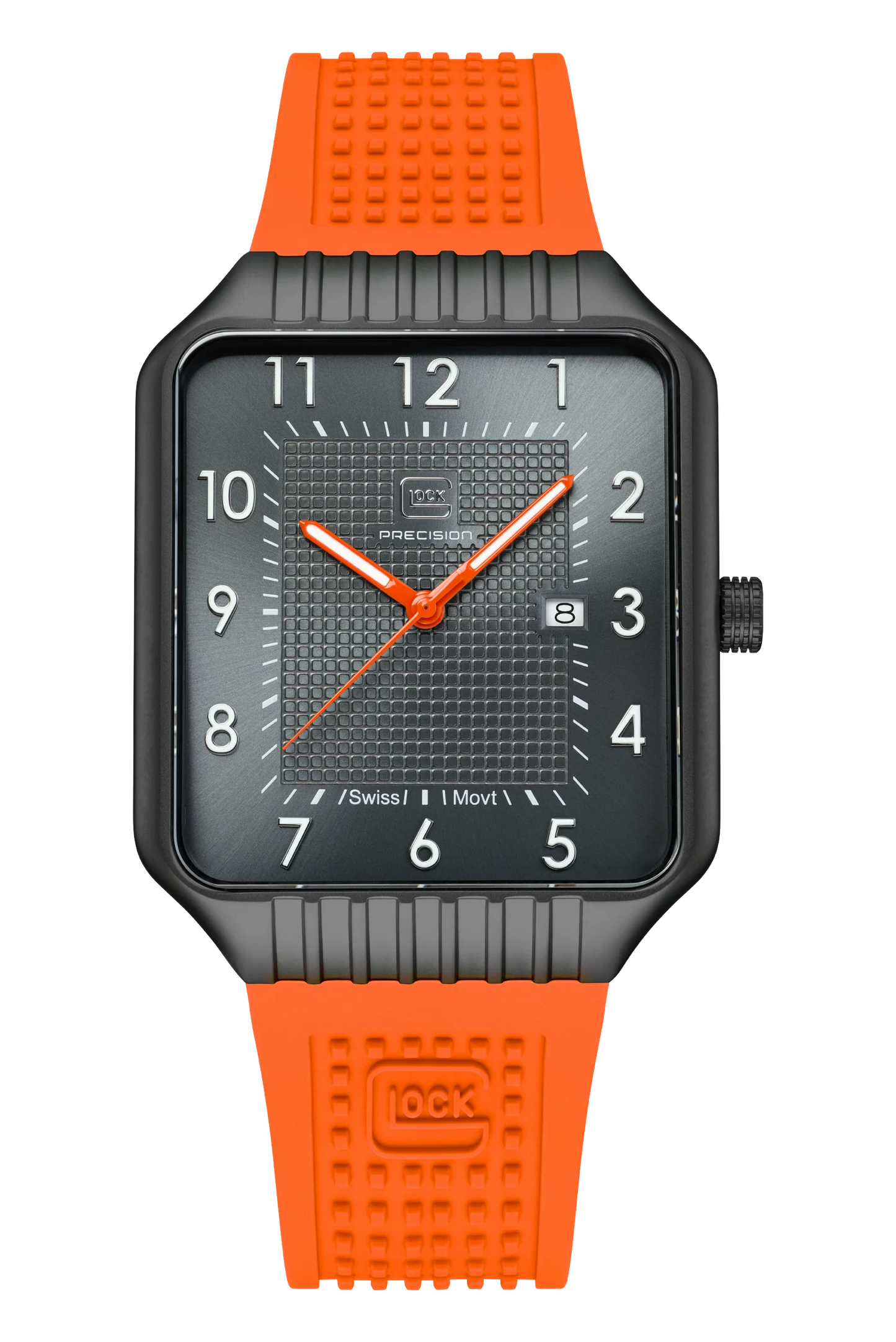 Men's Glock Watch with Black Rectangular Face & Orange Silicone Band