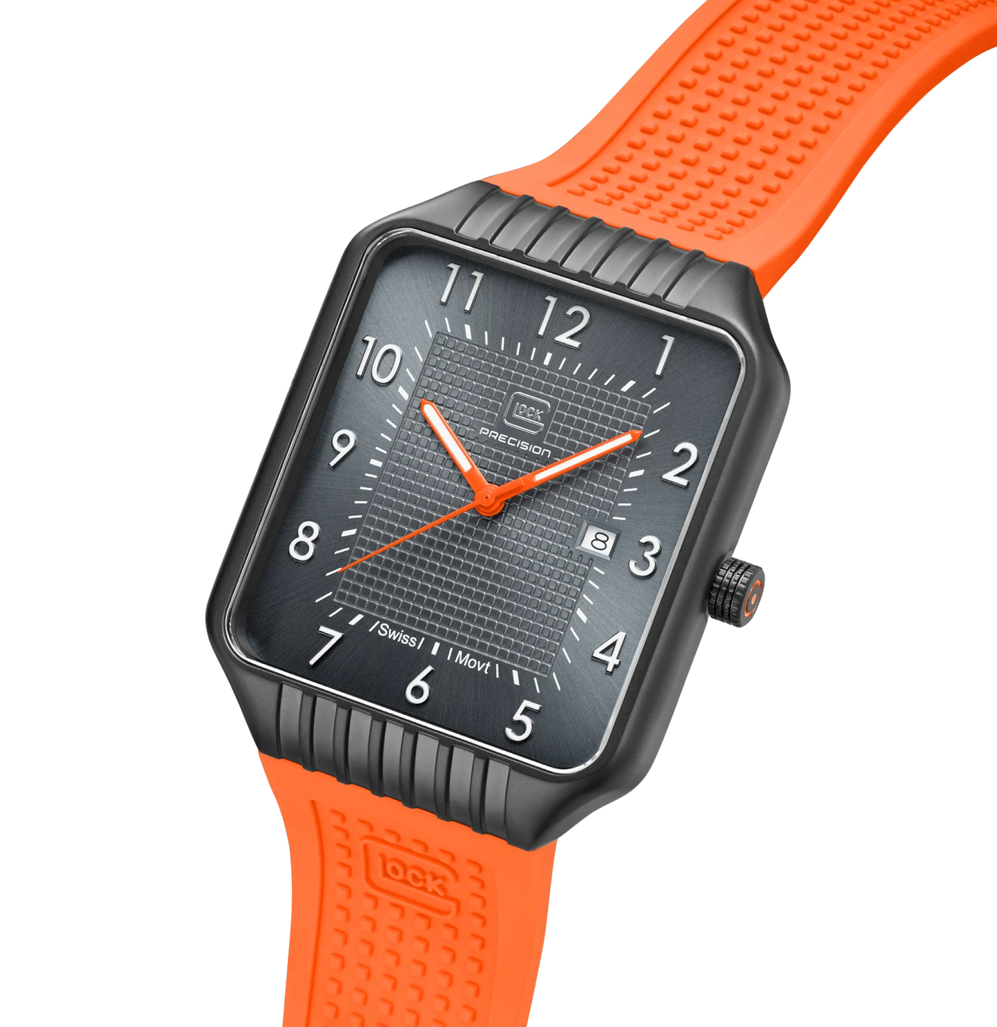 Men's Watch with Black Rectangular Face & Orange Silicone Band