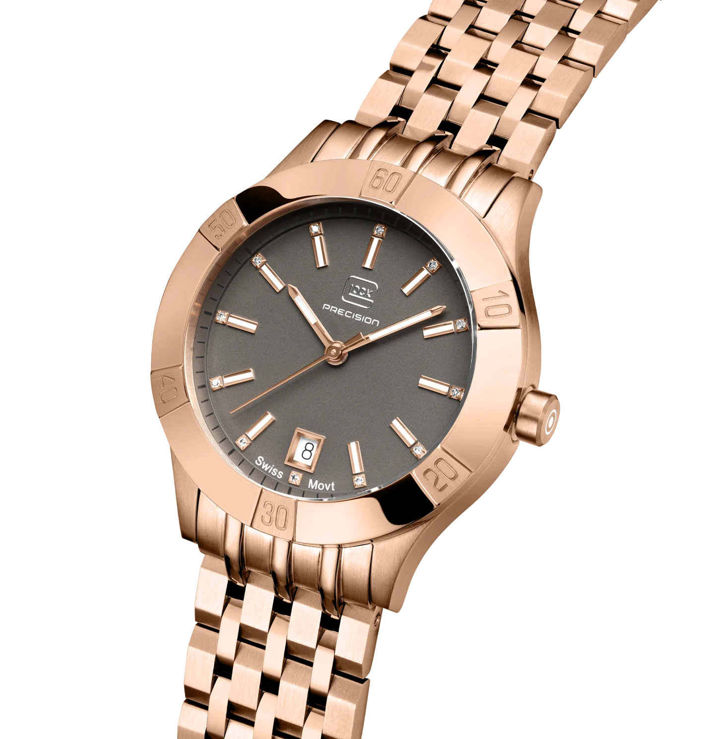 Ladies Rose Gold-Tone Glock Watch with Dark Dial & Link Band