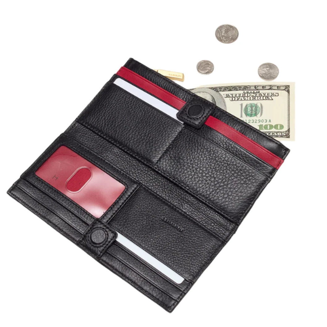 110 NORTH Bifold Wallet in Black/ Gold with Red Zipper