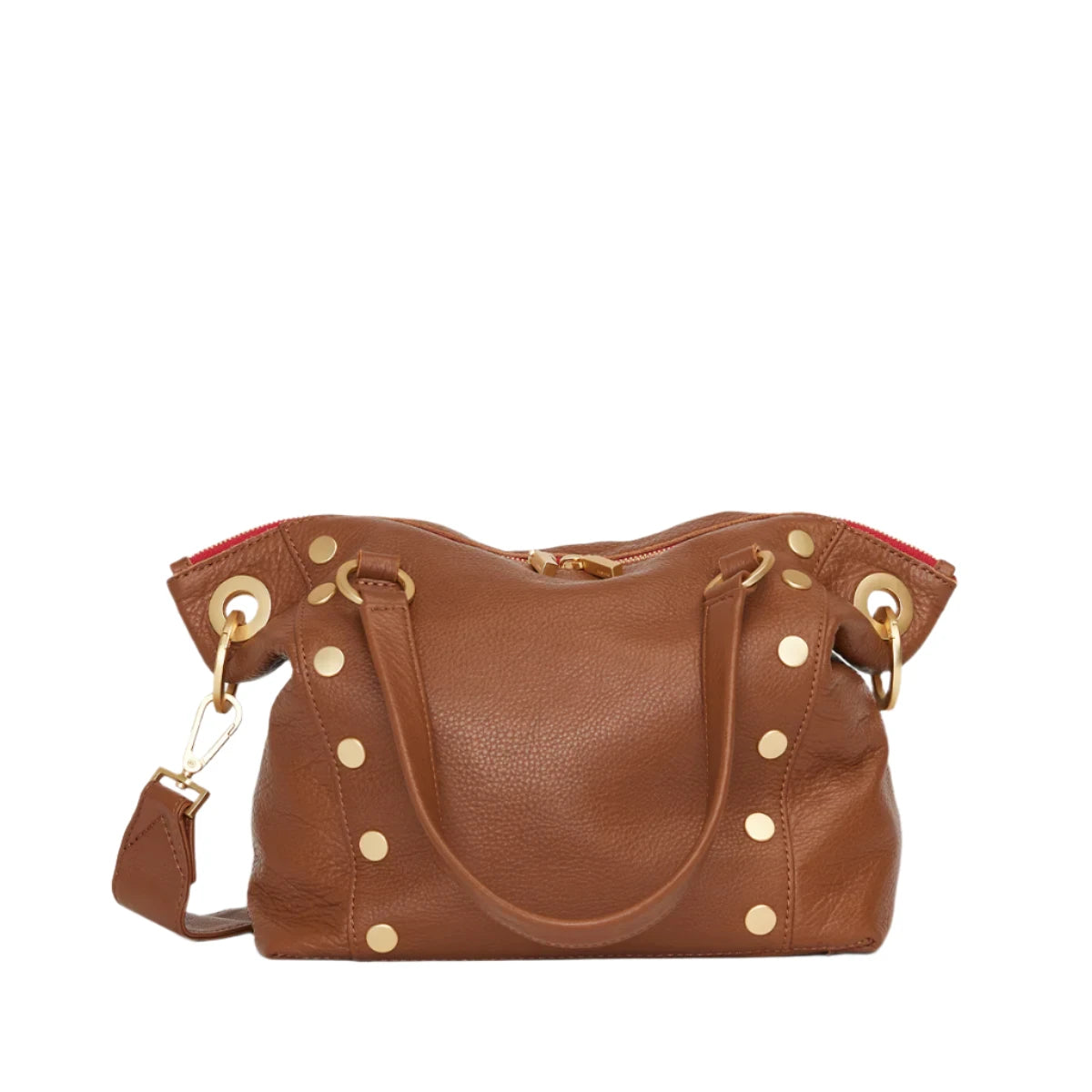 DANIEL MED Handbag in Mahogany Pebble/Gold with Red Zip