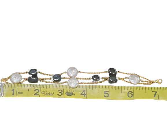 14KY 3 Strand Black Onyx & Fresh Water Pearl Bracelet