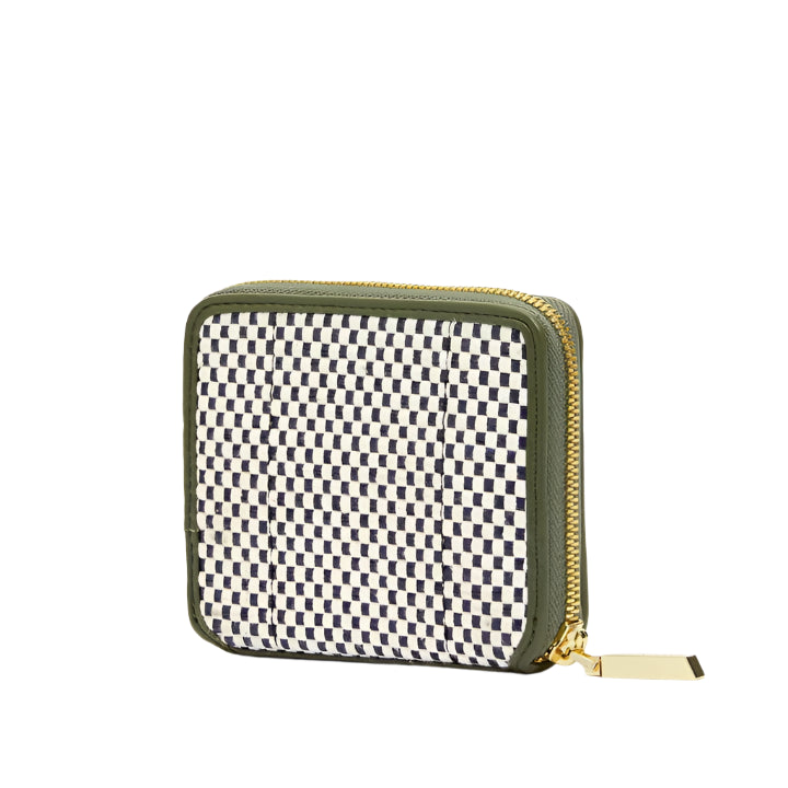Small zippered pouch with checkered pattern and green border on a white background