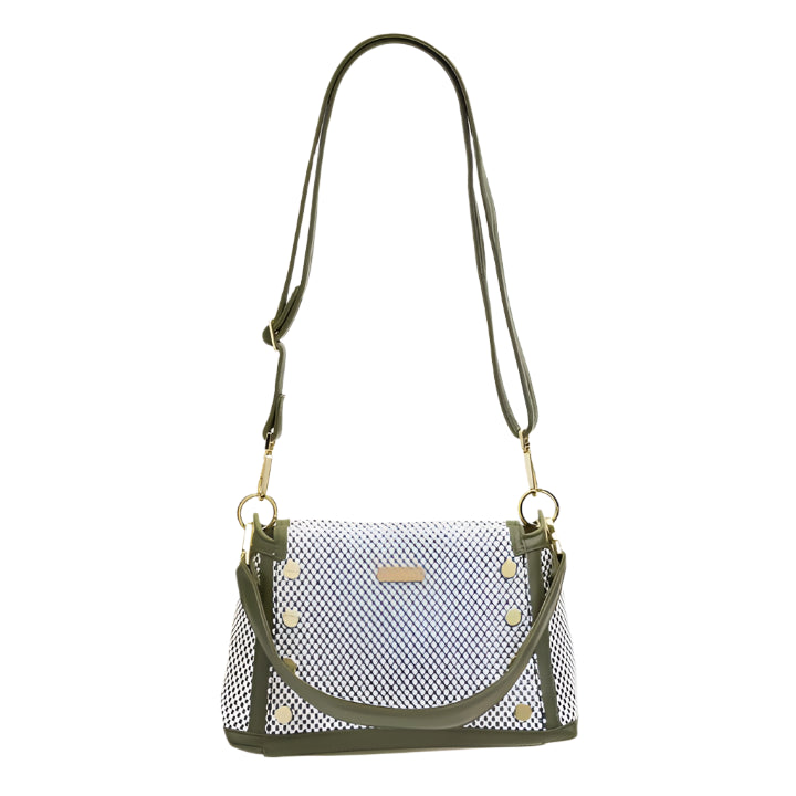 Green handbag with a mesh pattern on a white background