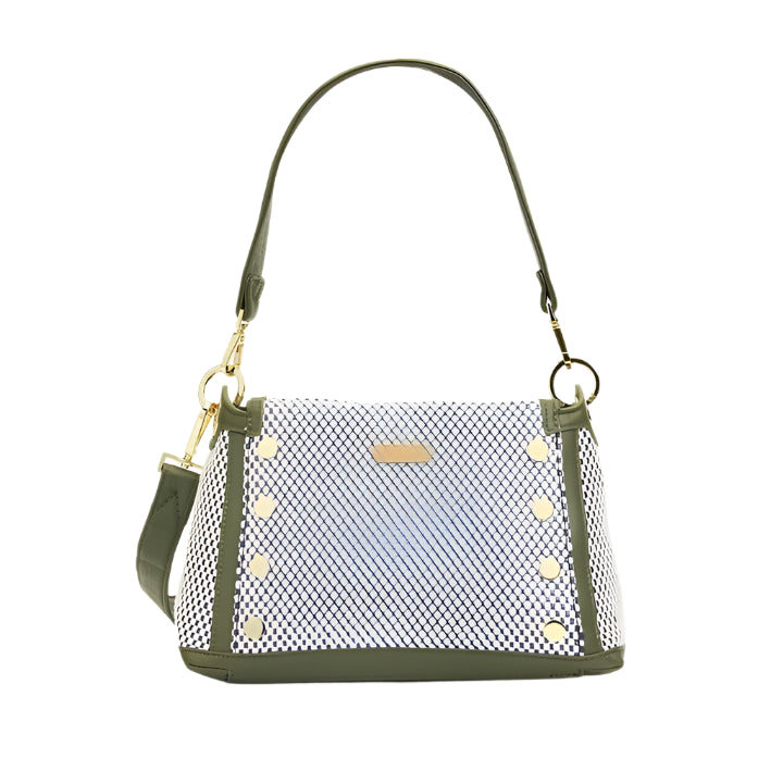 Handbag with green strap and white pattern on a white background