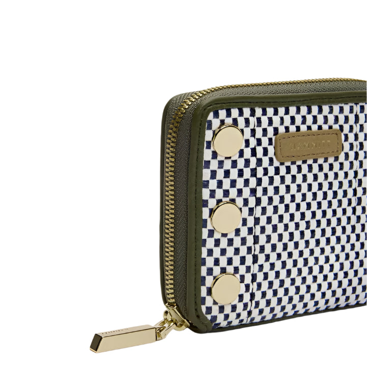 Checkered wallet with gold accents on a white background