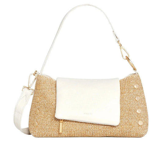 VIP SATCHEL Handbag in Shell White Raffia/ Gold