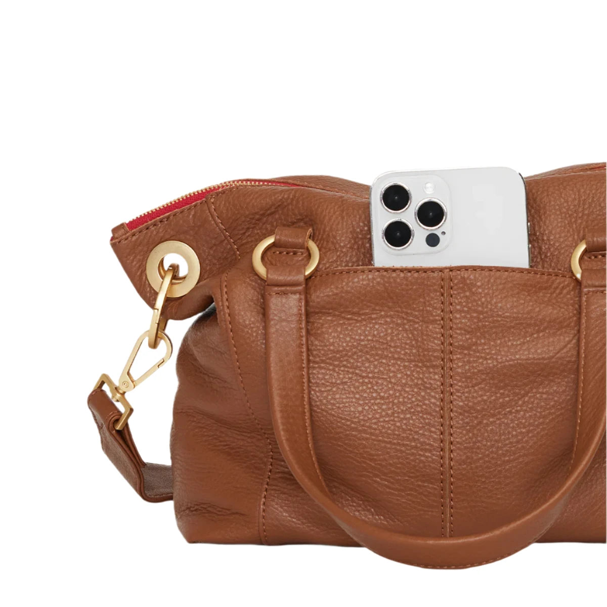 DANIEL MED Handbag in Mahogany Pebble/Gold with Red Zip