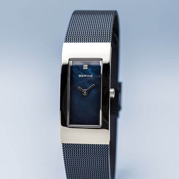 Ladies Classic Polished Silver w/ Blue Mother-of-Pearl Rectangle Dial & Milanese Strap