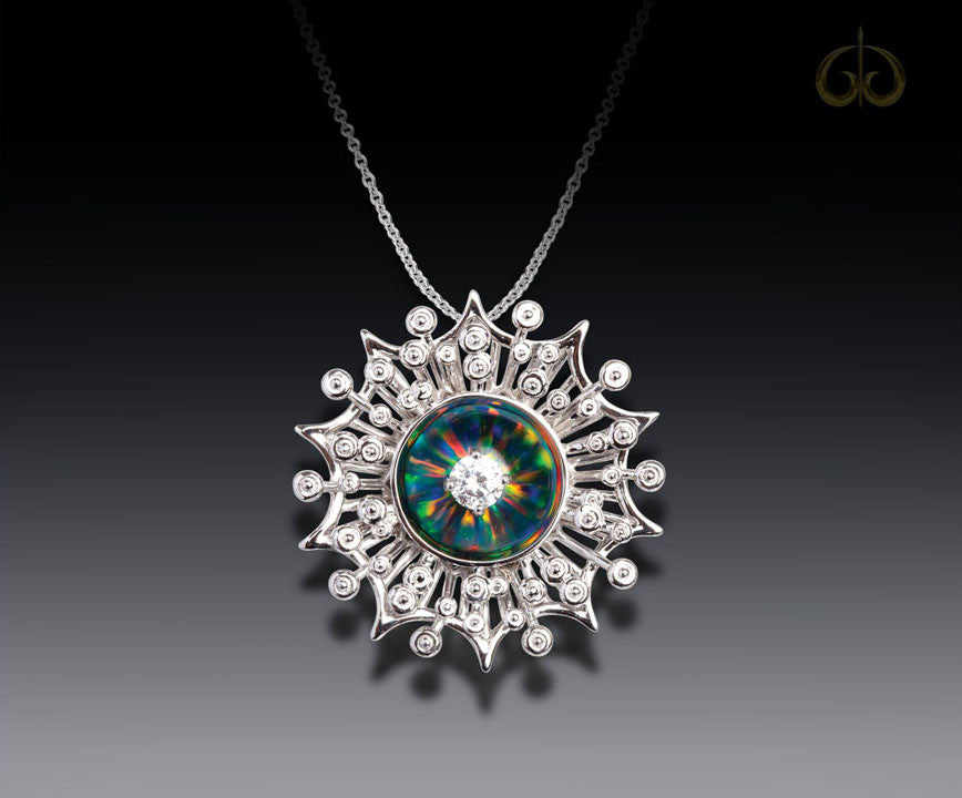 Galatea 14K White Gold w/ Black Opal And Diamond Starburst Pendant