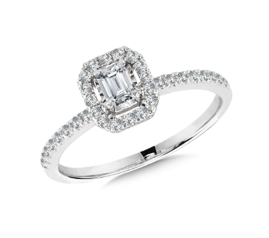 1/2 ctw Emerald-Shaped Diamond Star Halo 14K White Gold Engagement Ring