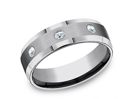 7mm REAGAN Tungsten Band with Satin Center/ Beveled Edges/ Diamonds