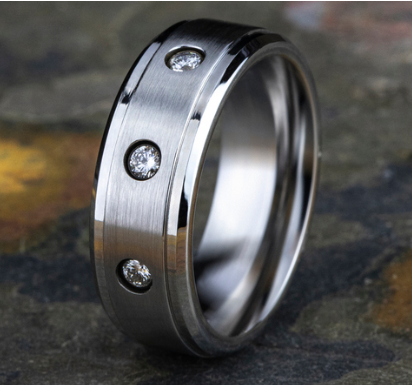 8mm CARTER Cobalt Chrome 3 Diamond Band with Beveled Edges