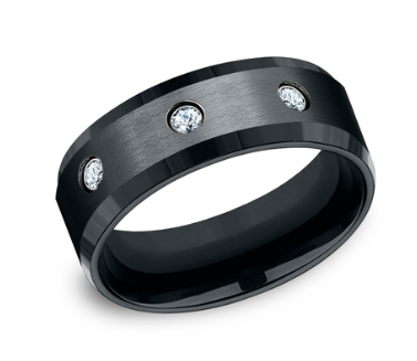 8mm REAGAN Black Cobalt Band with 3 Diamonds & Beveled Edges