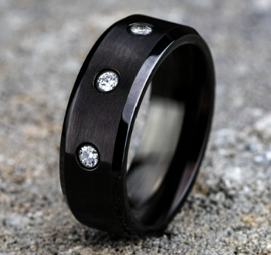 8mm REAGAN Black Cobalt Band with 3 Diamonds & Beveled Edges