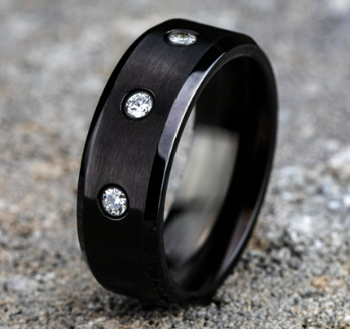 8mm Black Cobalt Comfort Fit Wedding Band w/ Satin Center, Beveled Edge & Bezel Set Diamonds