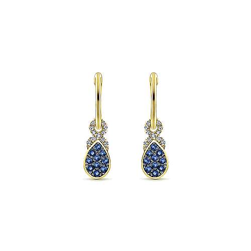 Gabriel 14KY Gold 10mm Diamond and Pear Shaped Sapphire Cluster Huggie Drop Earrings