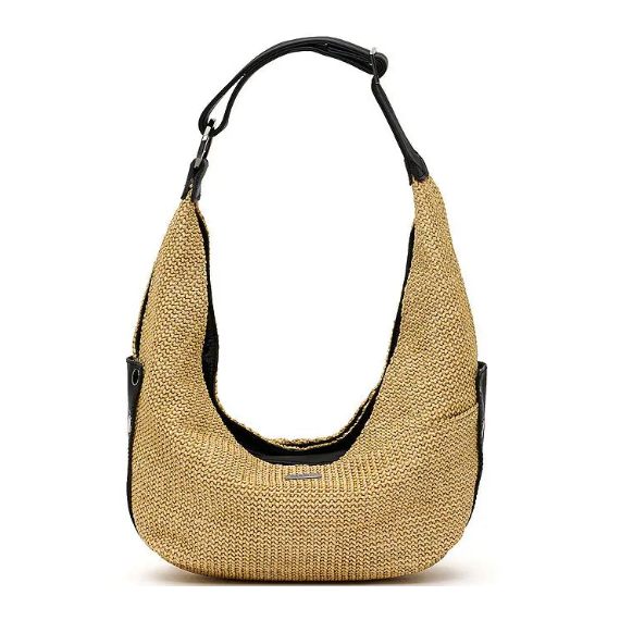 Tom Zip Med Shoulder Bag in Nuir Smooth Raffia/Gunmental
