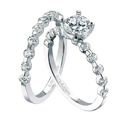 18KW Solitaire Semi Mount Engagement Ring w/ Bar Set Diamond Band
