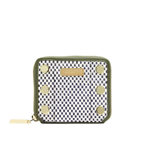 Small pouch with checkered pattern and green border on a white background