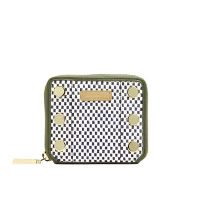 Small pouch with checkered pattern and green border on a white background