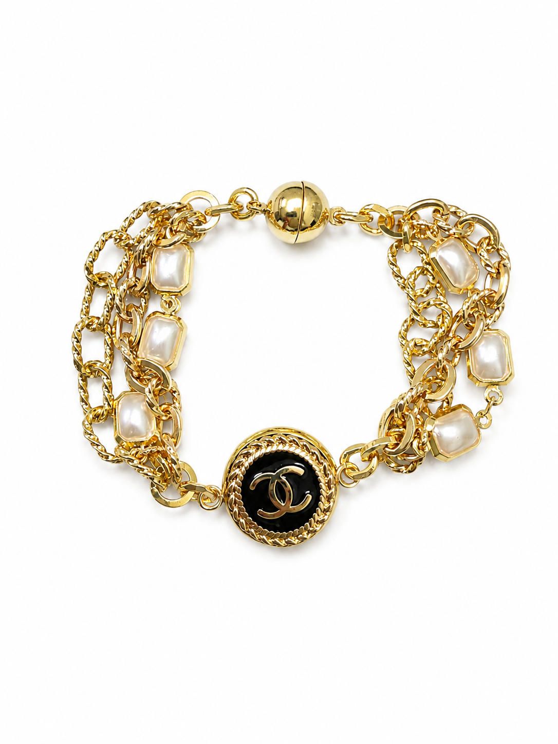 Multi-Chain & Pearl Bracelet with Chanel Logo Button in Black/Gold