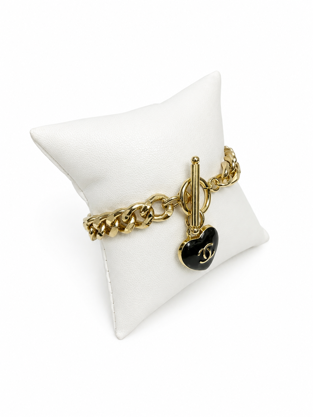 Curb Chain Bracelet with Chanel Logo Button Heart Charm in Black/Gold