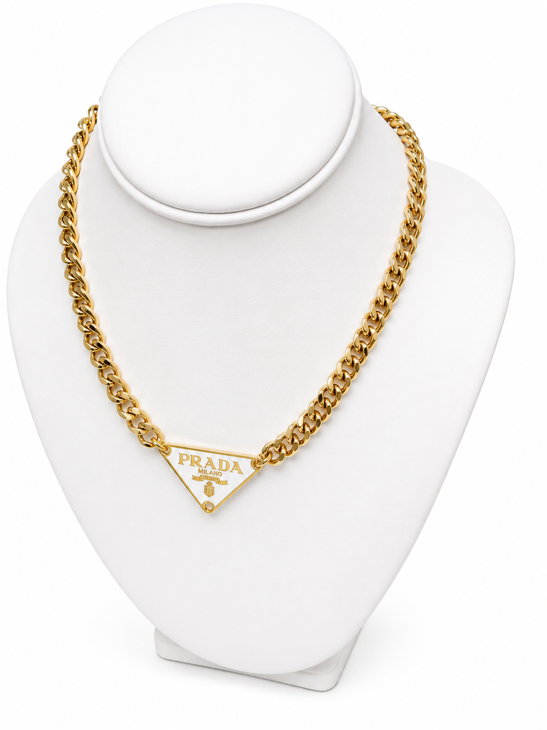Cuban Chain Necklace with Prada Logo Triangle in White/Gold