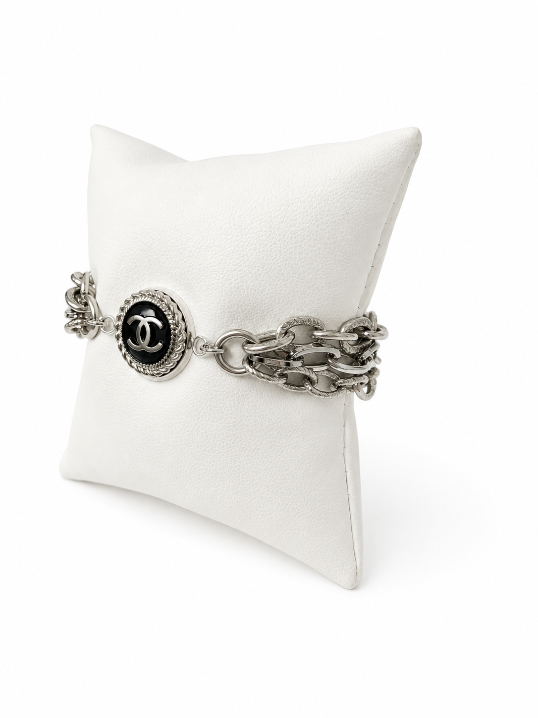 Multi-Chain Bracelet with Chanel Logo Button in Black/Silver