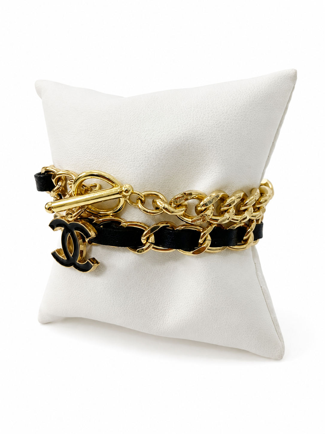 Chain Wrap Bracelet with Chanel Logo Button in Black & Gold