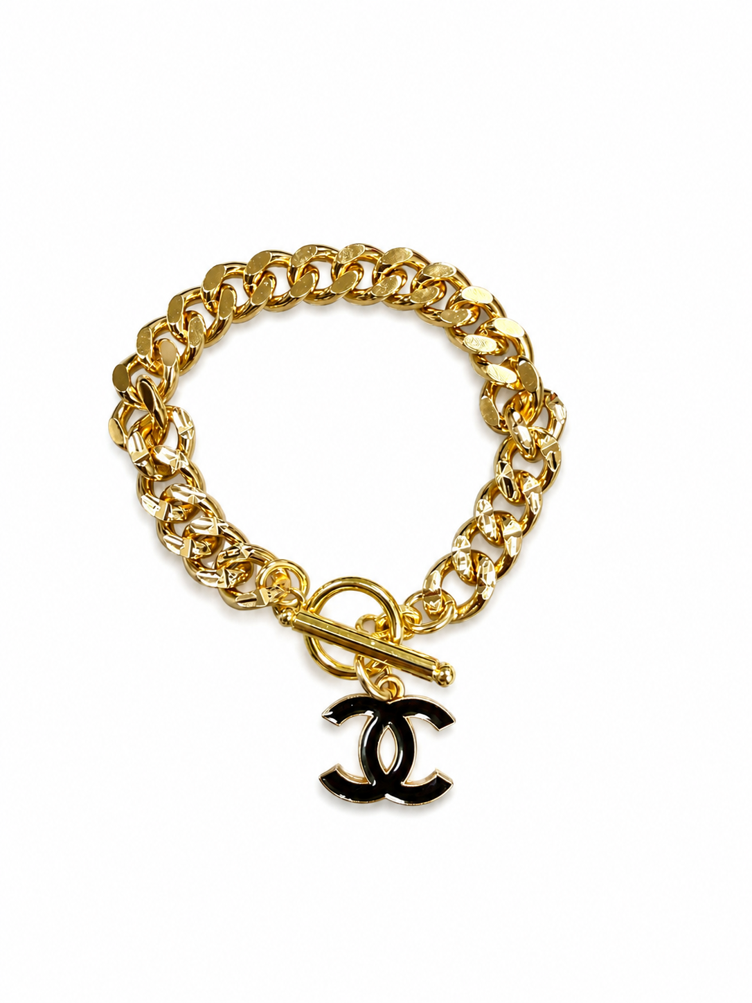 Curb Chain Bracelet with Chanel Logo Button in Black & Gold