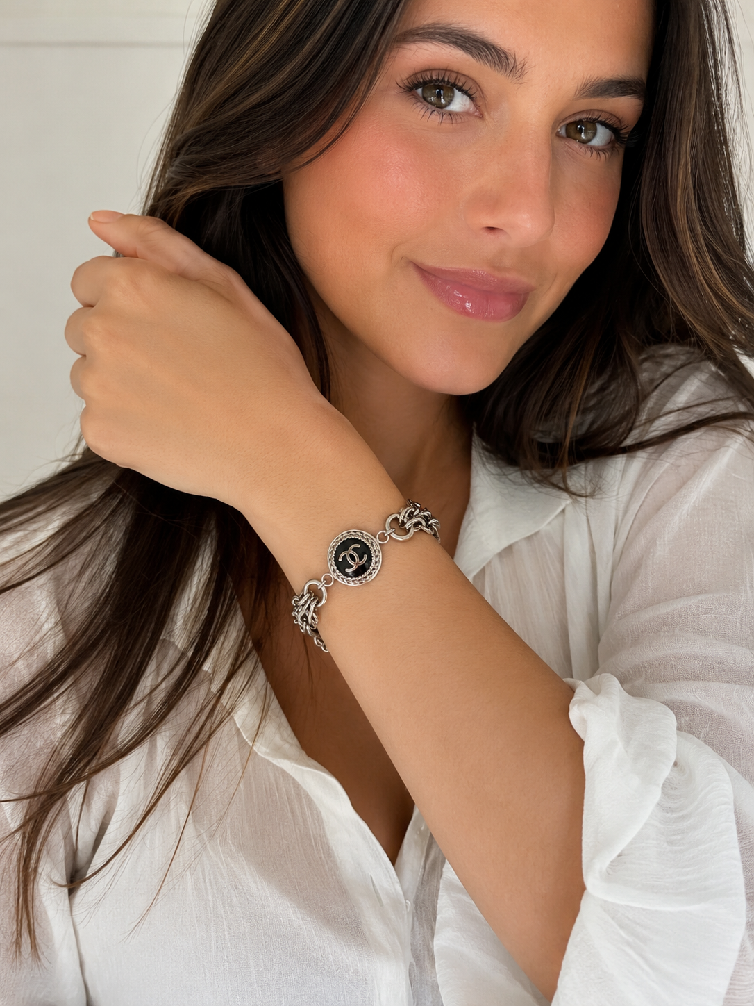 Multi-Chain & Pearl Bracelet with Chanel Logo Button in Black/Silver