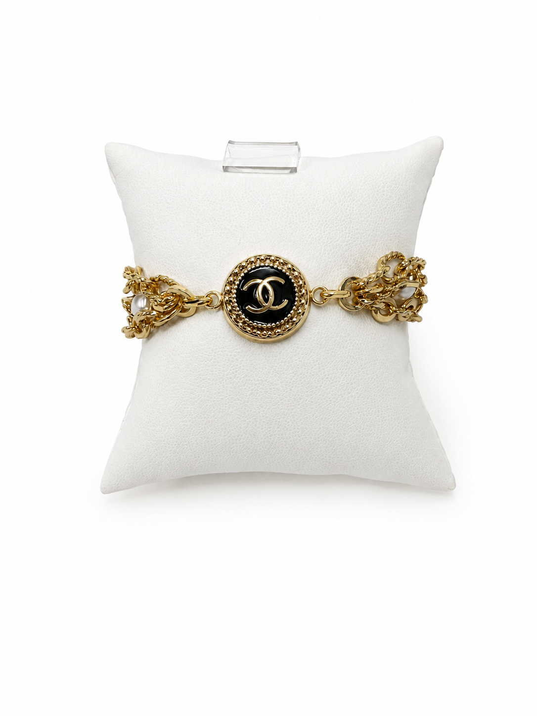 Multi-Chain & Pearl Bracelet with Chanel Logo Button in Black/Gold