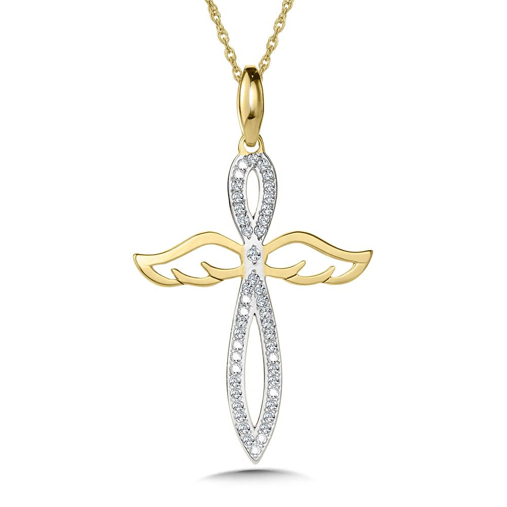 Two Tone Angelic Diamond Cross Pendant in 10K