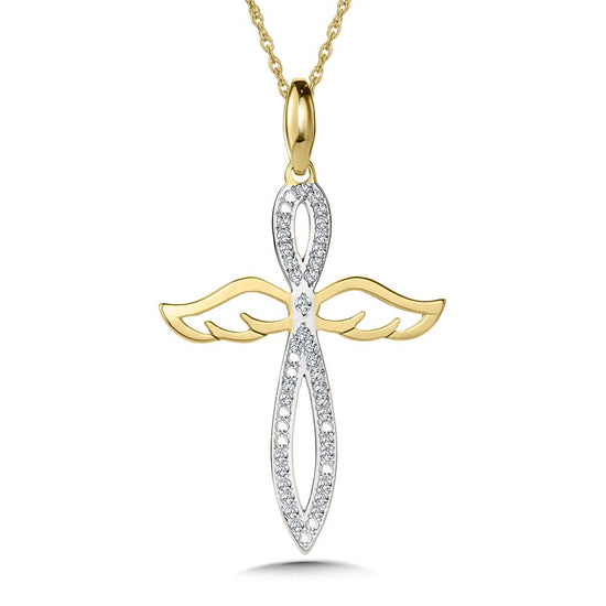 Two Tone Angelic Diamond Cross Pendant in 10K