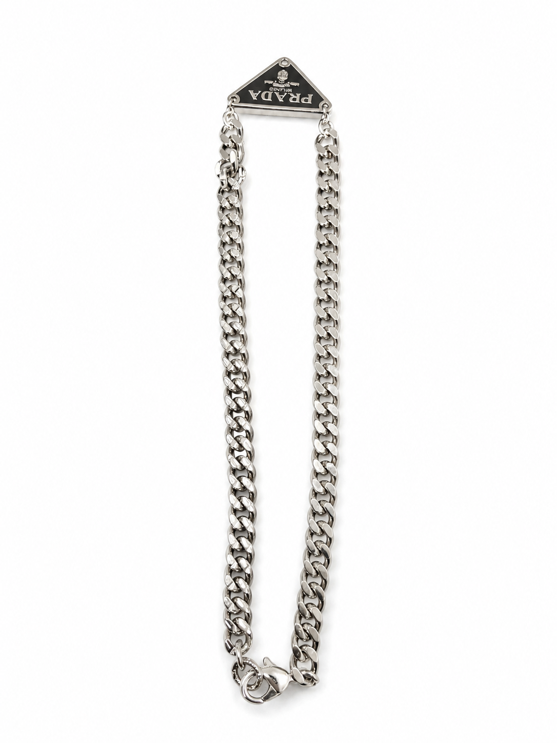 Cuban Chain Necklace with Prada Logo Triangle in Silver/Black