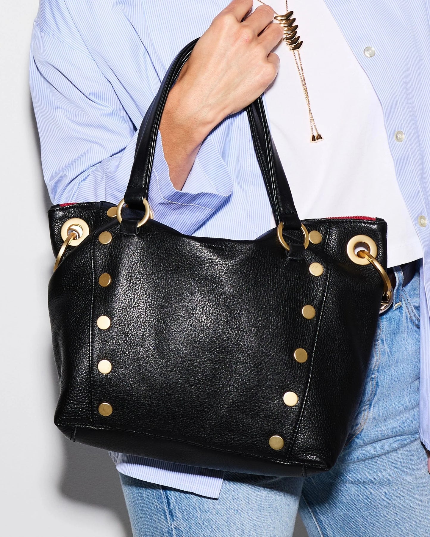 Daniel Med Handbag in Black/Brushed Gold with Red Zip