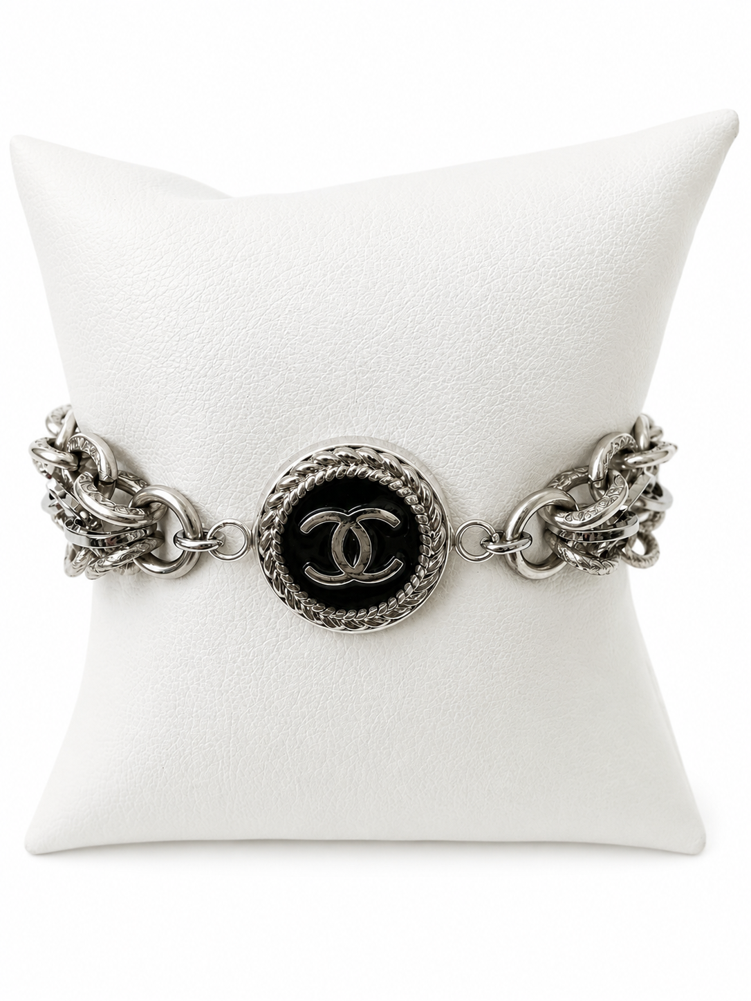 Multi-Chain Bracelet with Chanel Logo Button in Black/Silver