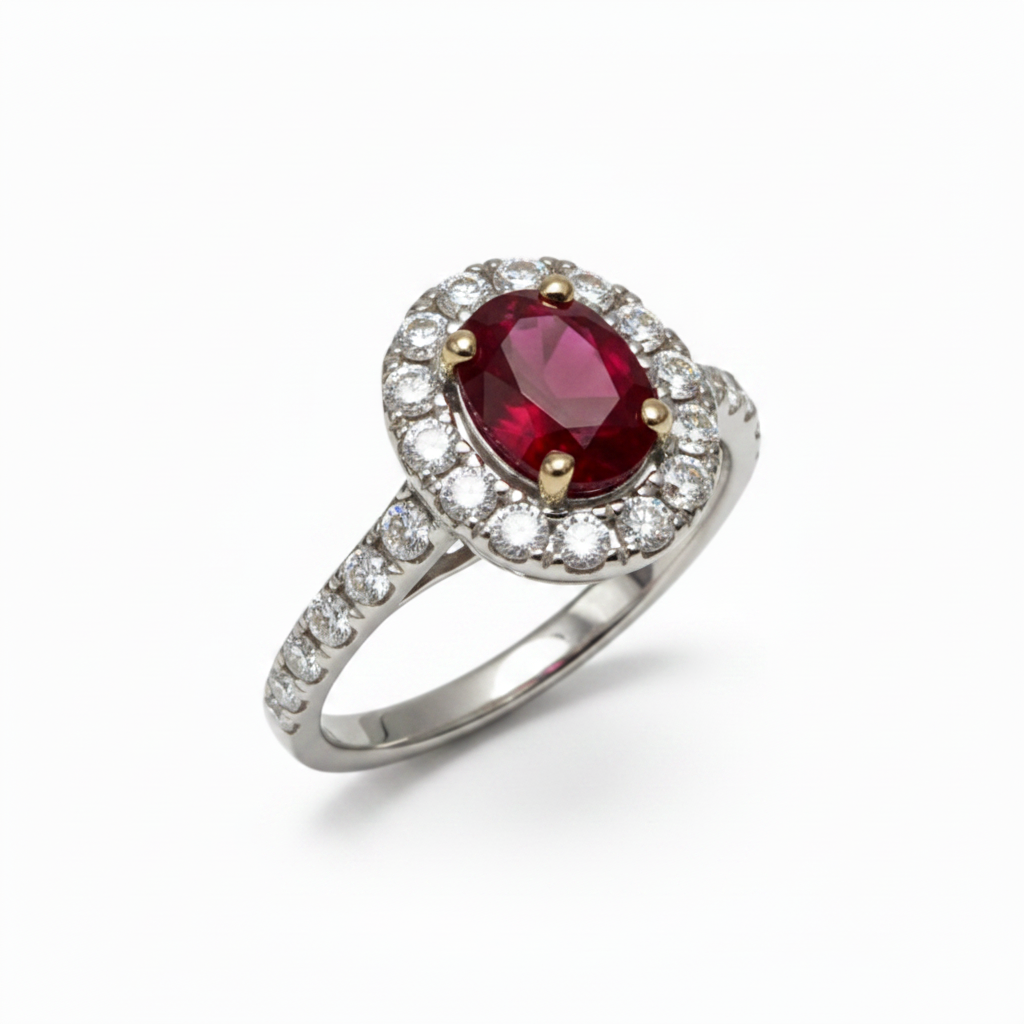 18K Oval Ruby & Diamond Halo Ring – 45° Diagonal, Left Side Down