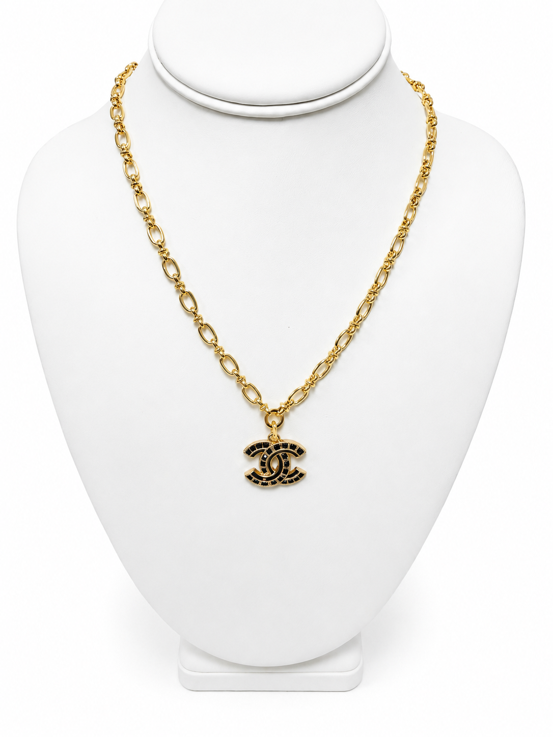 Gold Link Necklace with Chanel Logo Button Charm in Black/Gold