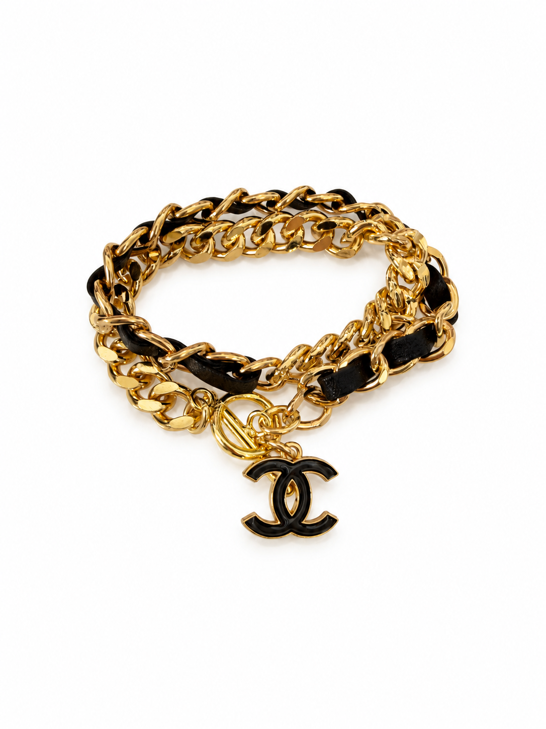 Chain Wrap Bracelet with Chanel Logo Button in Black & Gold