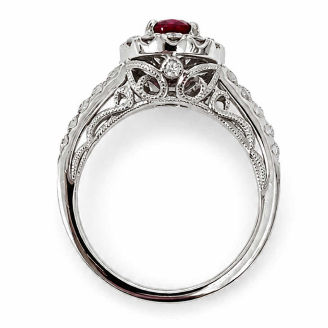 18K Oval Ruby and Diamond Ring with Halo