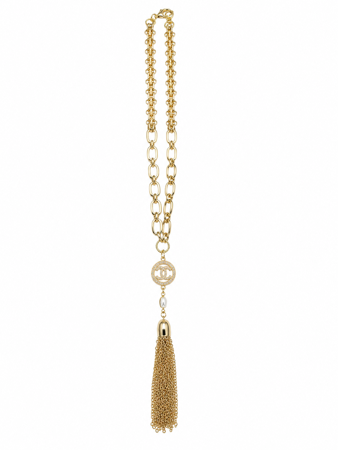 Link Necklace with Chanel Logo Button, Pearl & Tassel in Gold